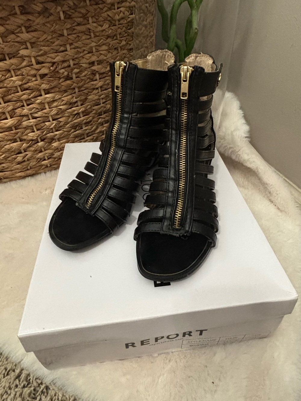 Report Black Strappy Front-Zip Gladiator Heels